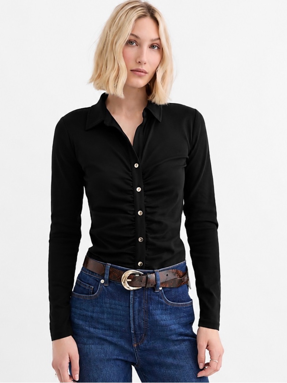 LOFT Black Ruched Button Front Long Sleeve Shirt Size L